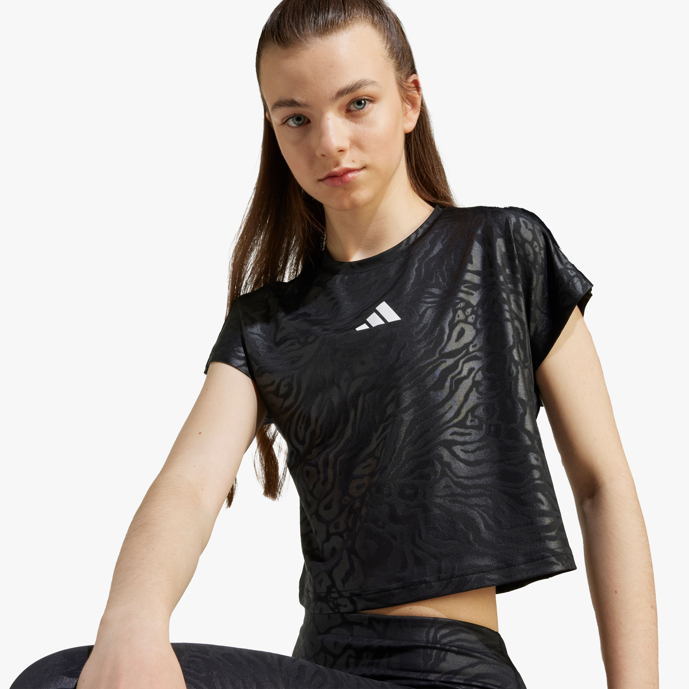 adidas Polera Crop All Sports Animal Print, NEGRO, hi-res
